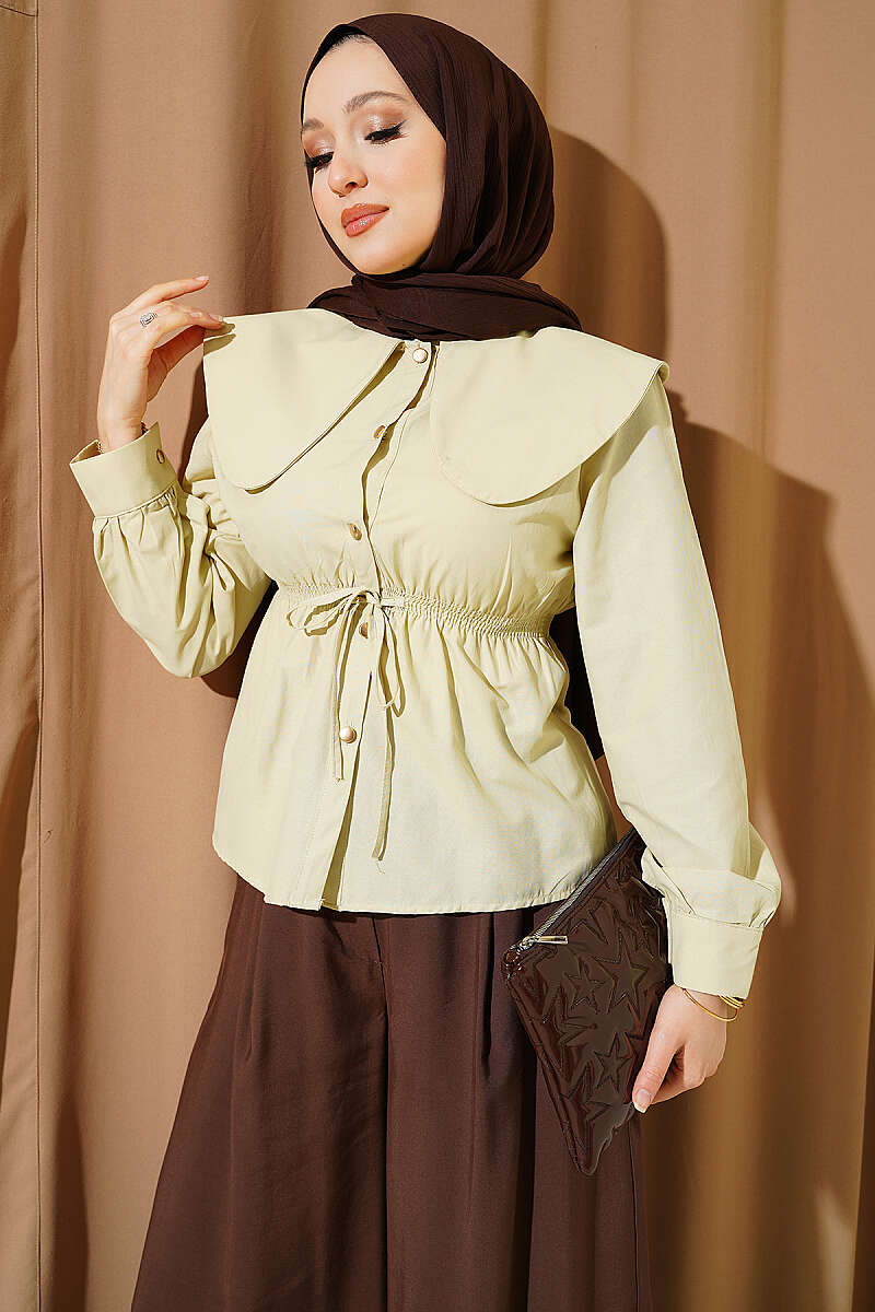 Short Peter Pan Collar Shirt with Elastic Waist - Dark Olive