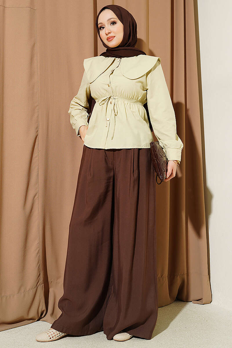 Short Peter Pan Collar Shirt with Elastic Waist - Dark Olive