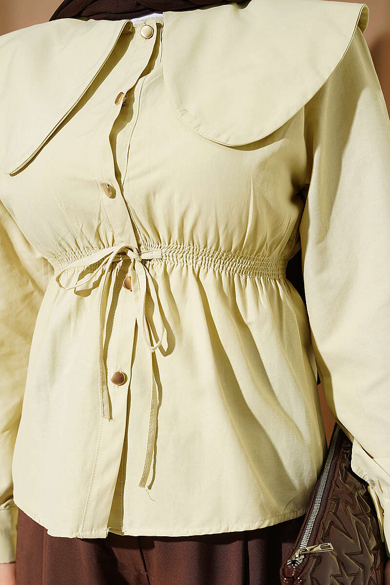 Short Peter Pan Collar Shirt with Elastic Waist - Dark Olive