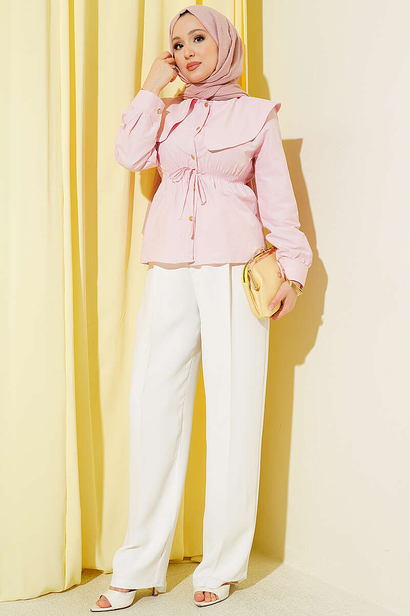 Short Peter Pan Collar Shirt with Elastic Waist - Pink