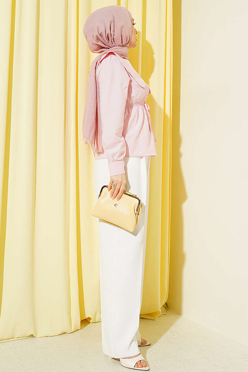 Short Peter Pan Collar Shirt with Elastic Waist - Pink
