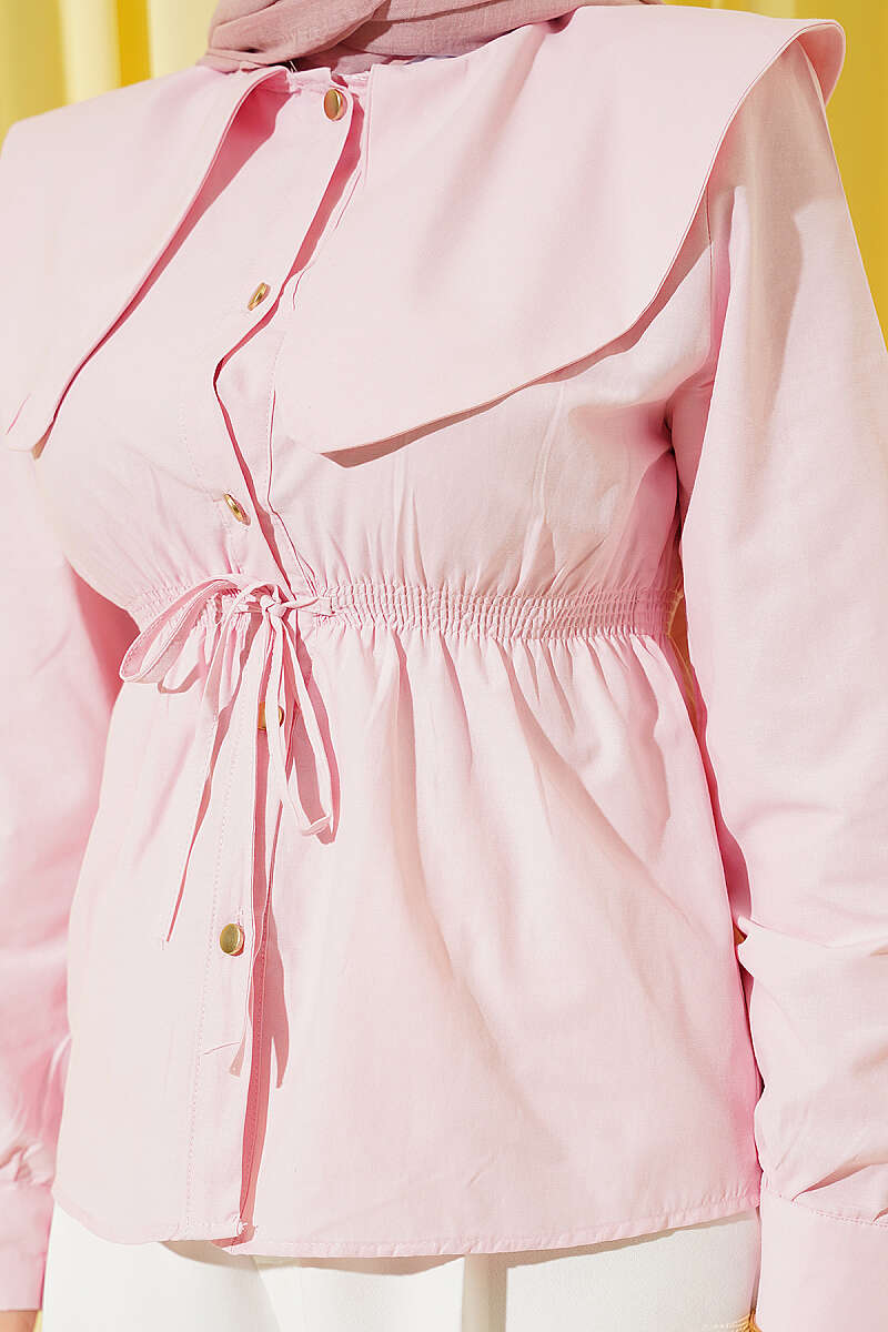 Short Peter Pan Collar Shirt with Elastic Waist - Pink