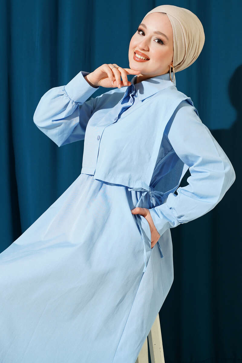 Polycotton Dress with Bolero and Elastic Waist - Light Blue