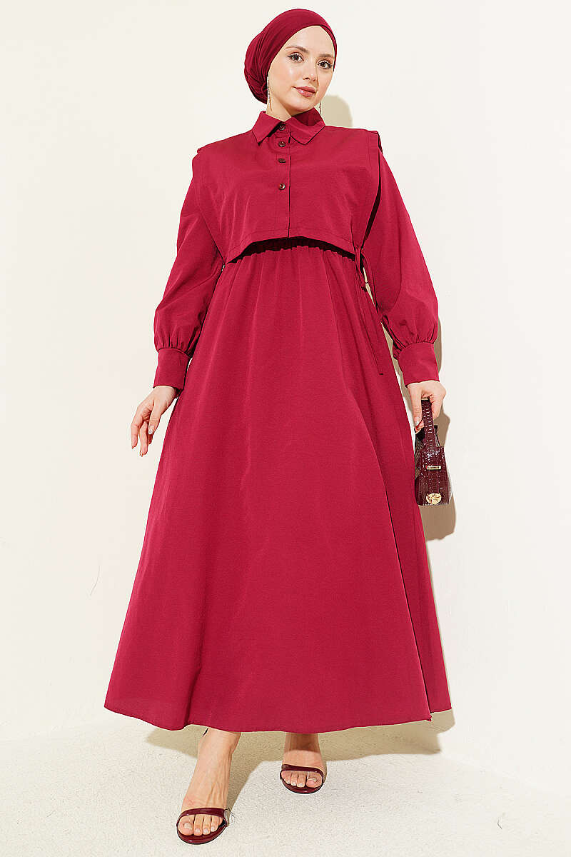 Polycotton Dress with Bolero and Elastic Waist - Burgundy