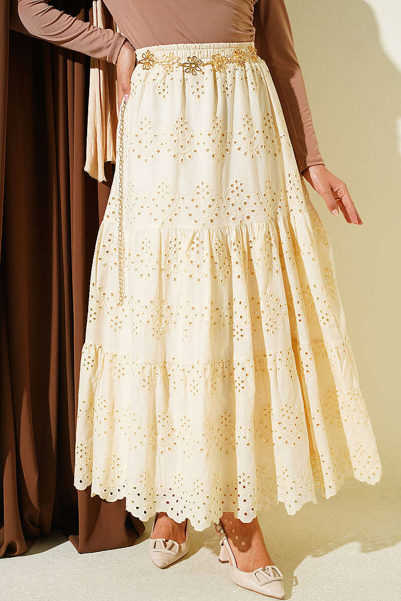 Embroidered Skirt with Elastic Waist - Beige