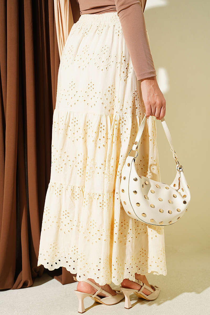 Embroidered Skirt with Elastic Waist - Beige