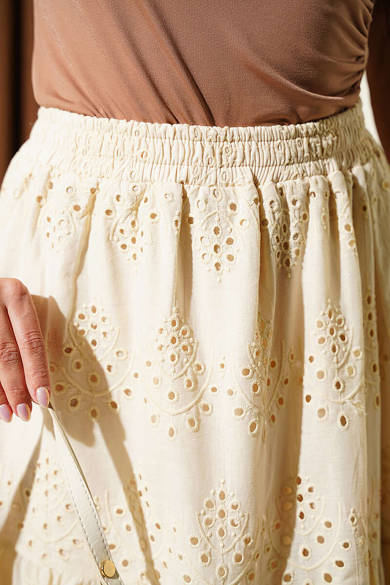Embroidered Skirt with Elastic Waist - Beige