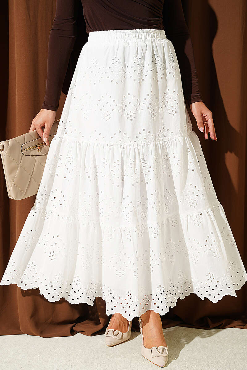 Embroidered Skirt with Elastic Waist - Ecru