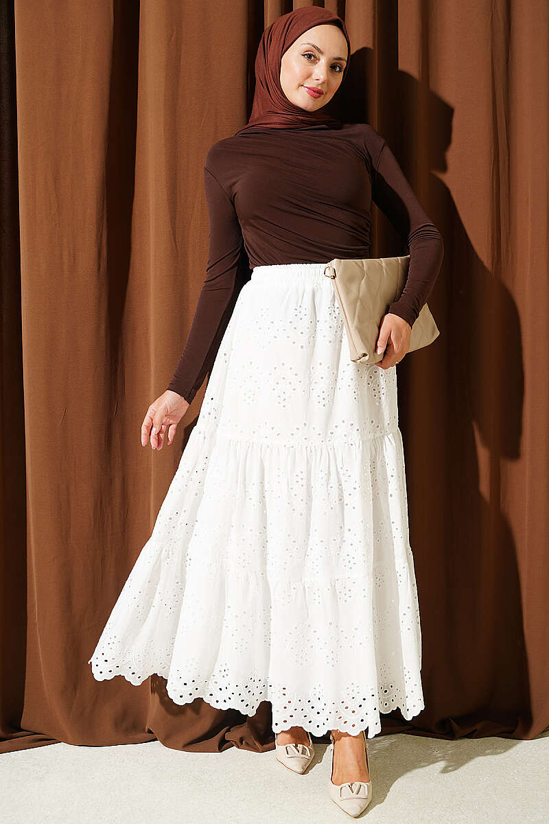 Embroidered Skirt with Elastic Waist - Ecru