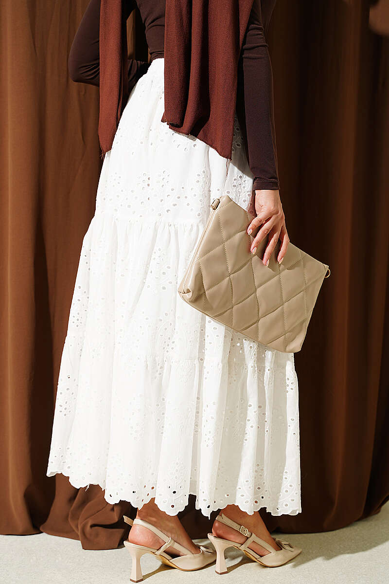 Embroidered Skirt with Elastic Waist - Ecru