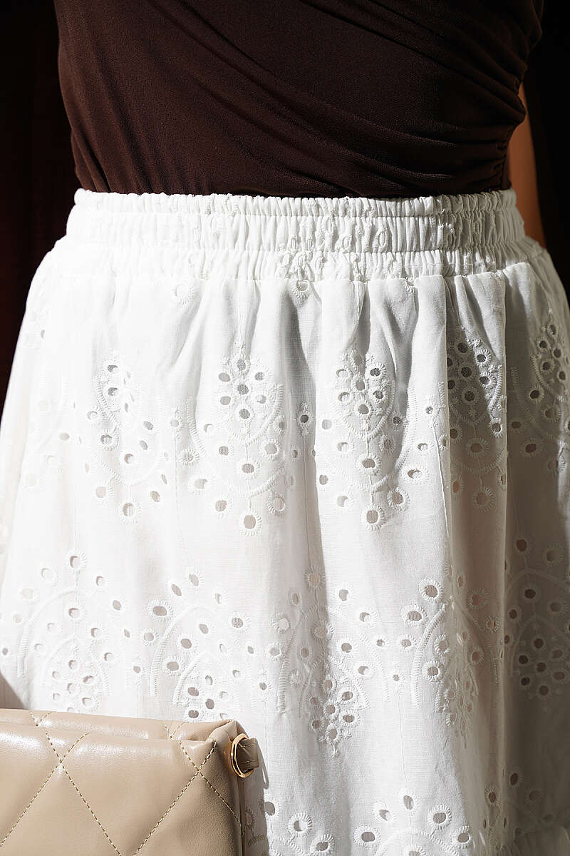 Embroidered Skirt with Elastic Waist - Ecru