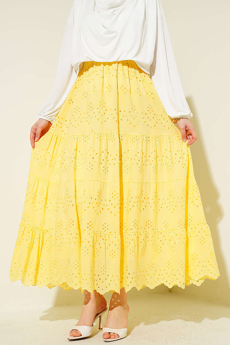 Tiered Embroidered Flared Skirt with Elastic Waist - Yellow