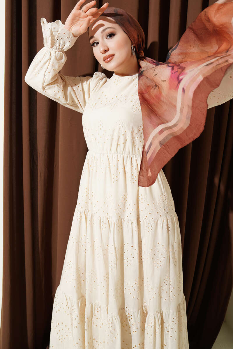 Broderie Dress with Elastic Waist - Beige