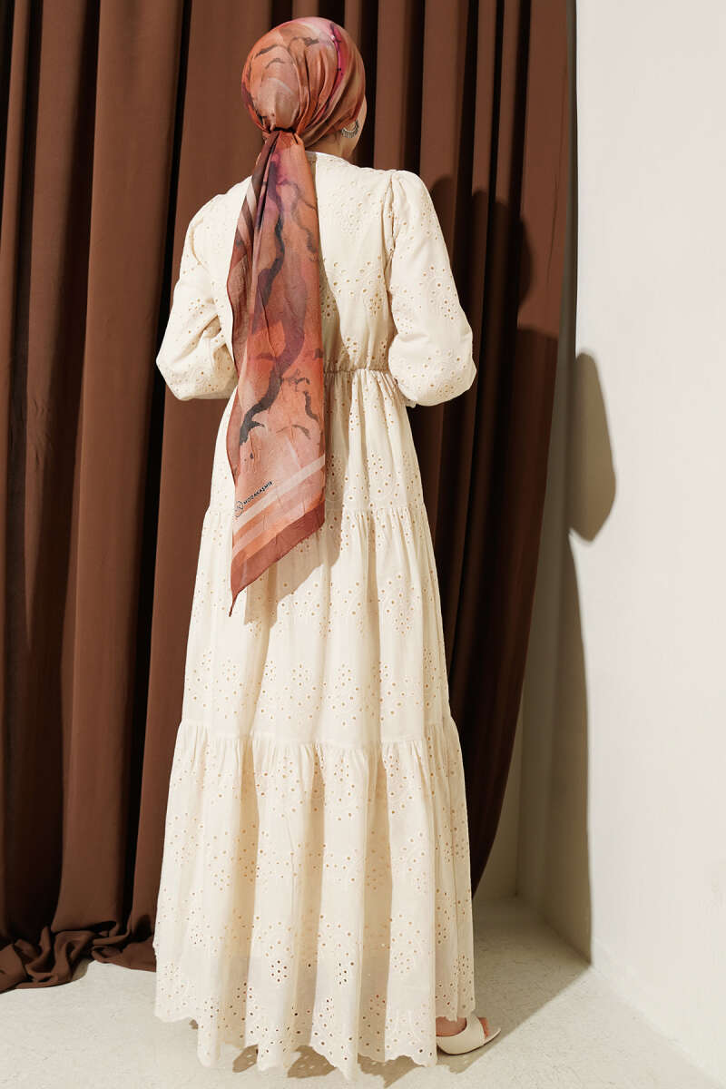 Broderie Dress with Elastic Waist - Beige