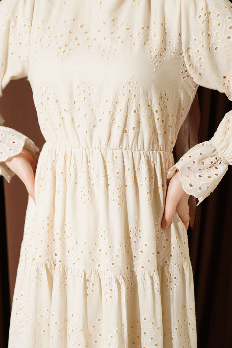 Broderie Dress with Elastic Waist - Beige