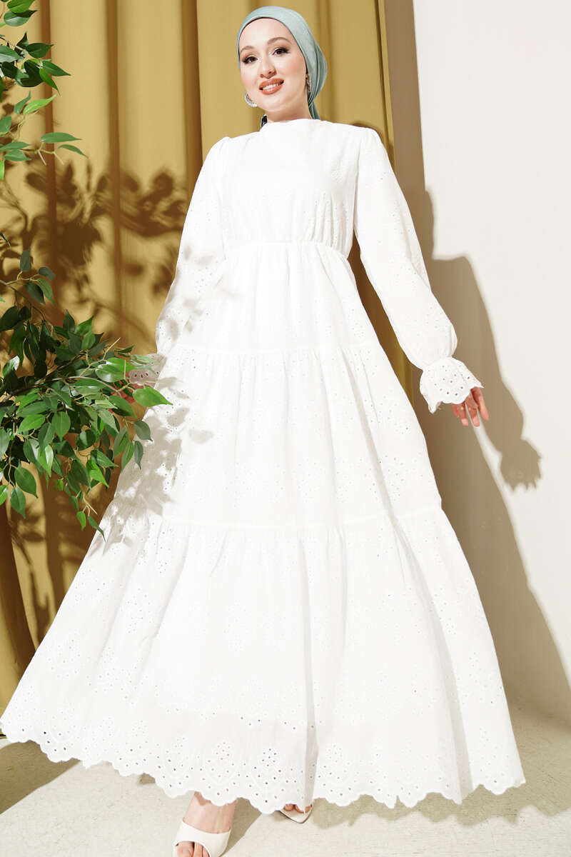 Broderie Dress with Elastic Waist - White