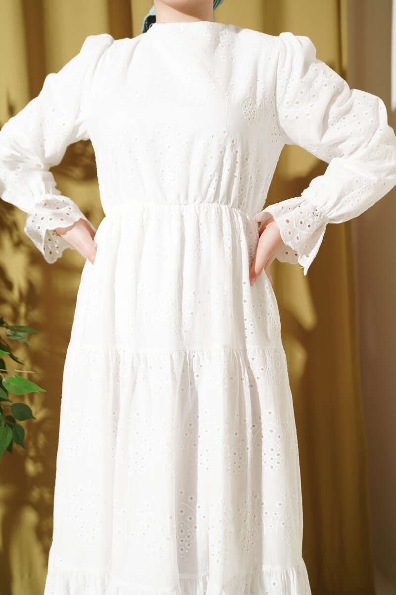 Broderie Dress with Elastic Waist - White