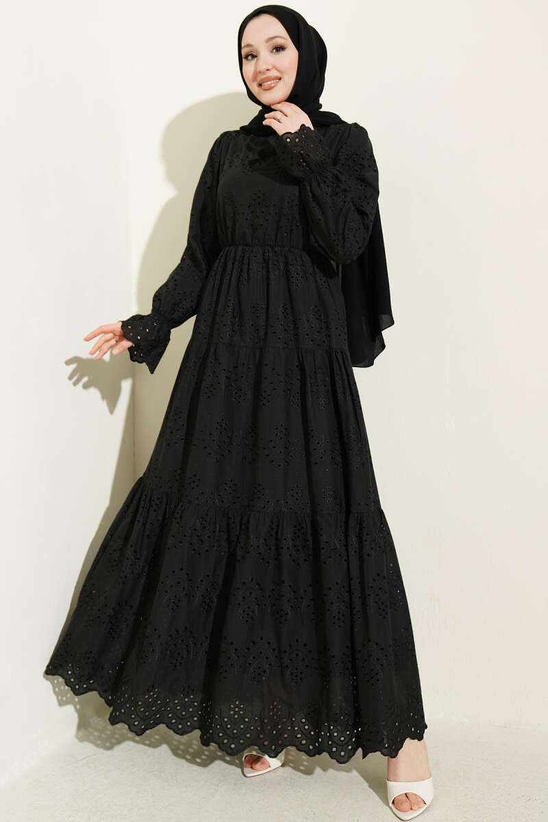 Broderie Dress with Elastic Waist - Black
