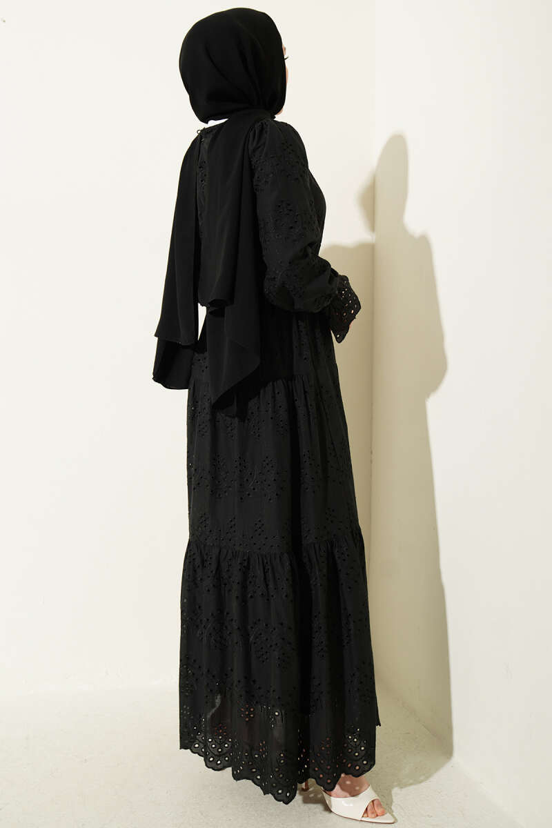 Broderie Dress with Elastic Waist - Black
