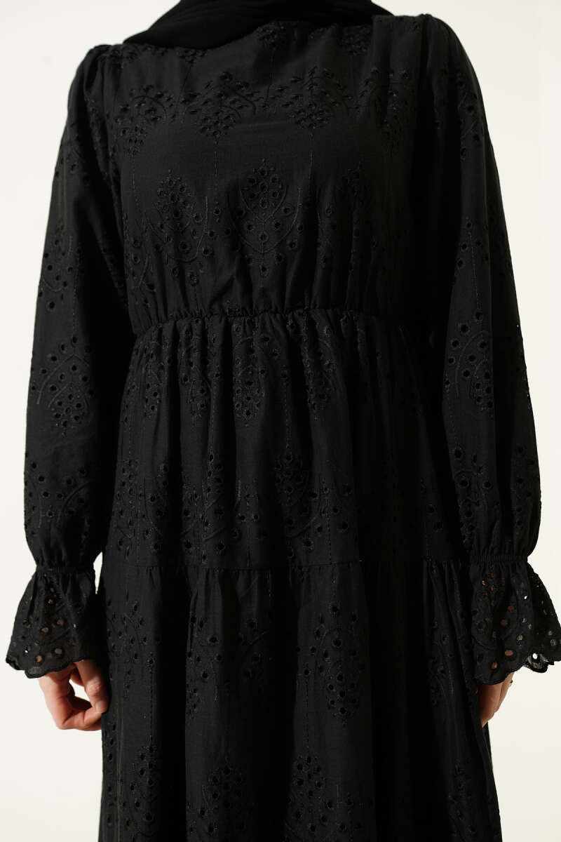 Broderie Dress with Elastic Waist - Black