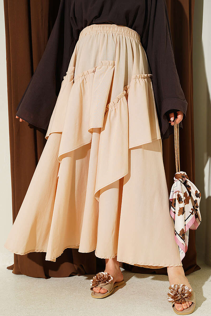 Gathered Skirt with Elastic Waist - Beige