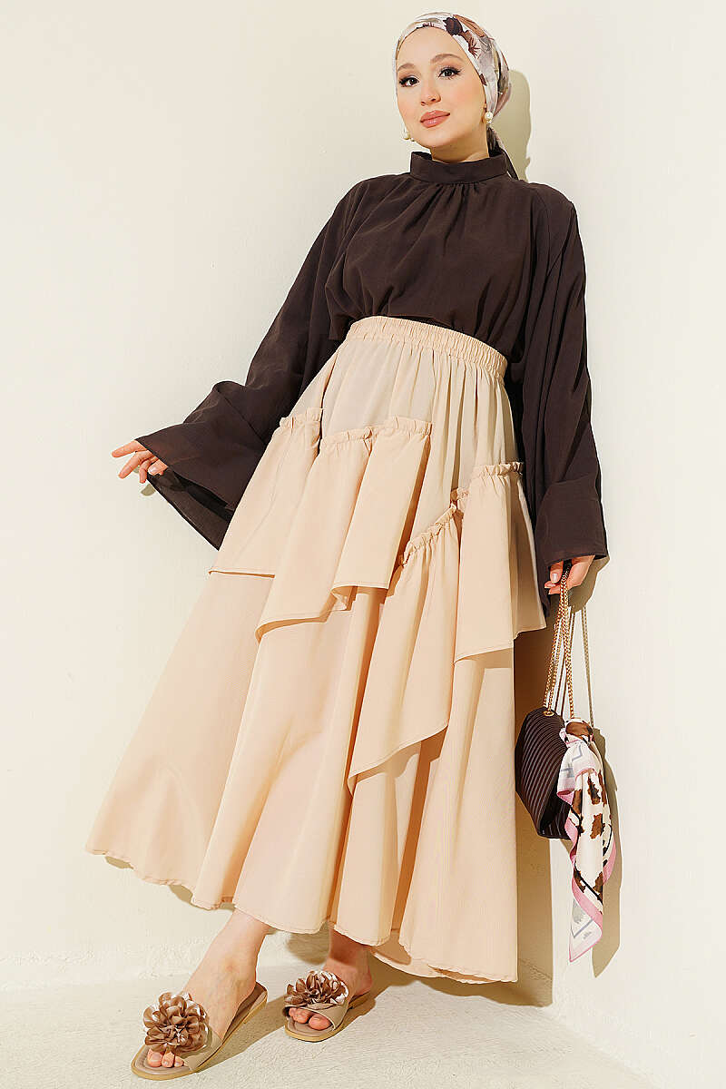 Gathered Skirt with Elastic Waist - Beige
