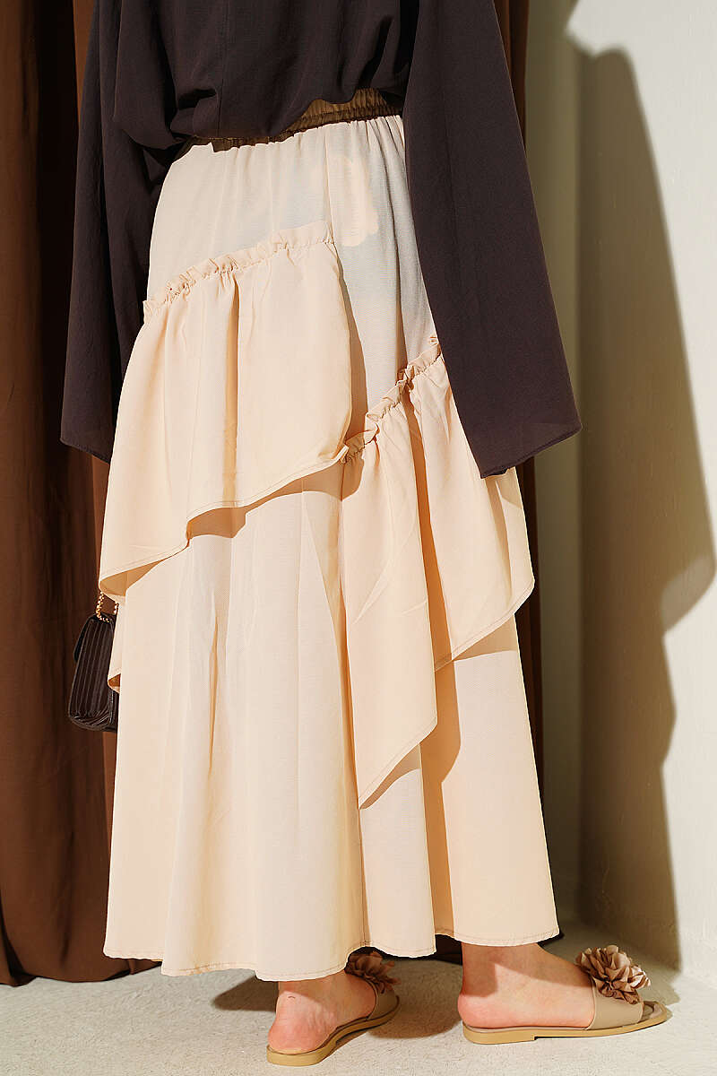 Gathered Skirt with Elastic Waist - Beige