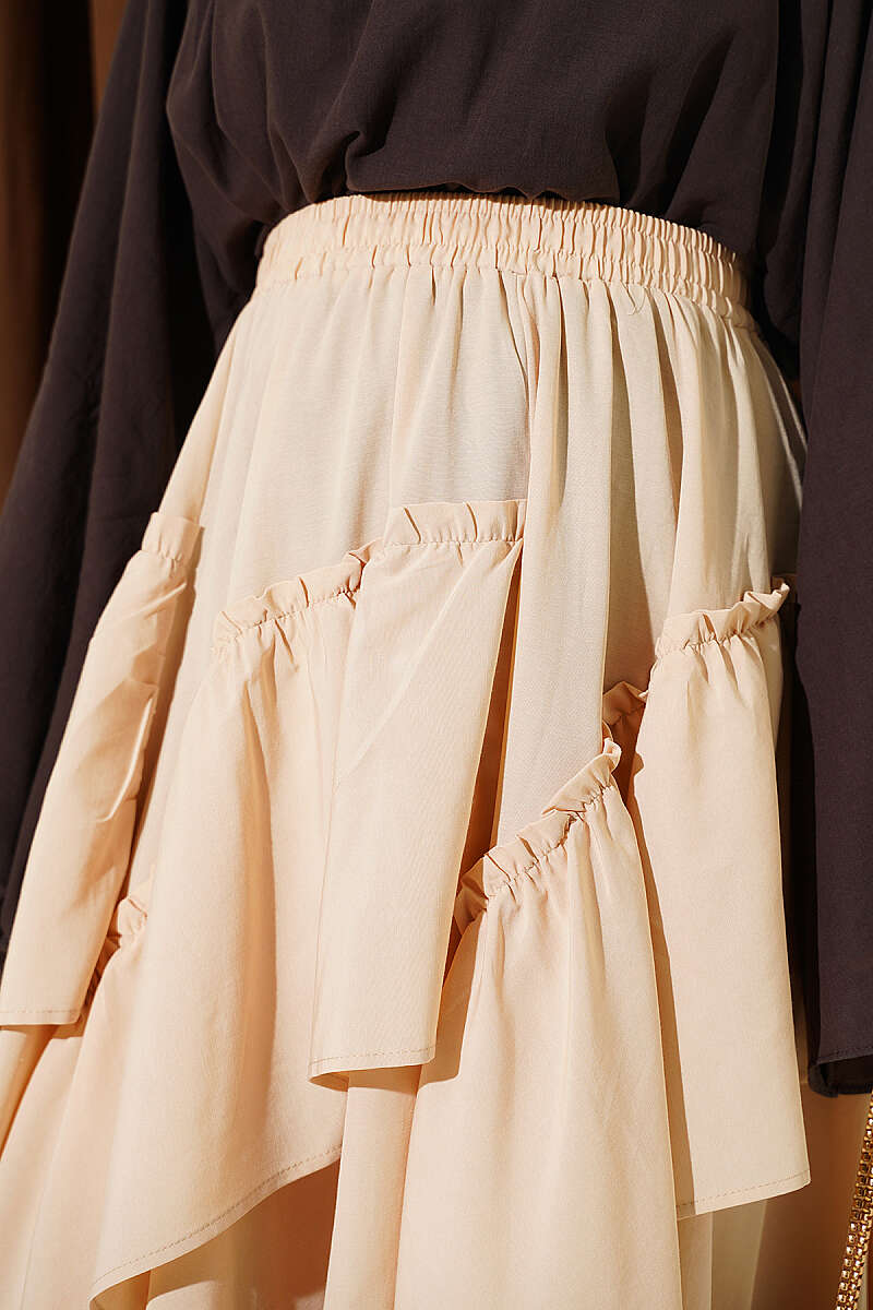 Gathered Skirt with Elastic Waist - Beige