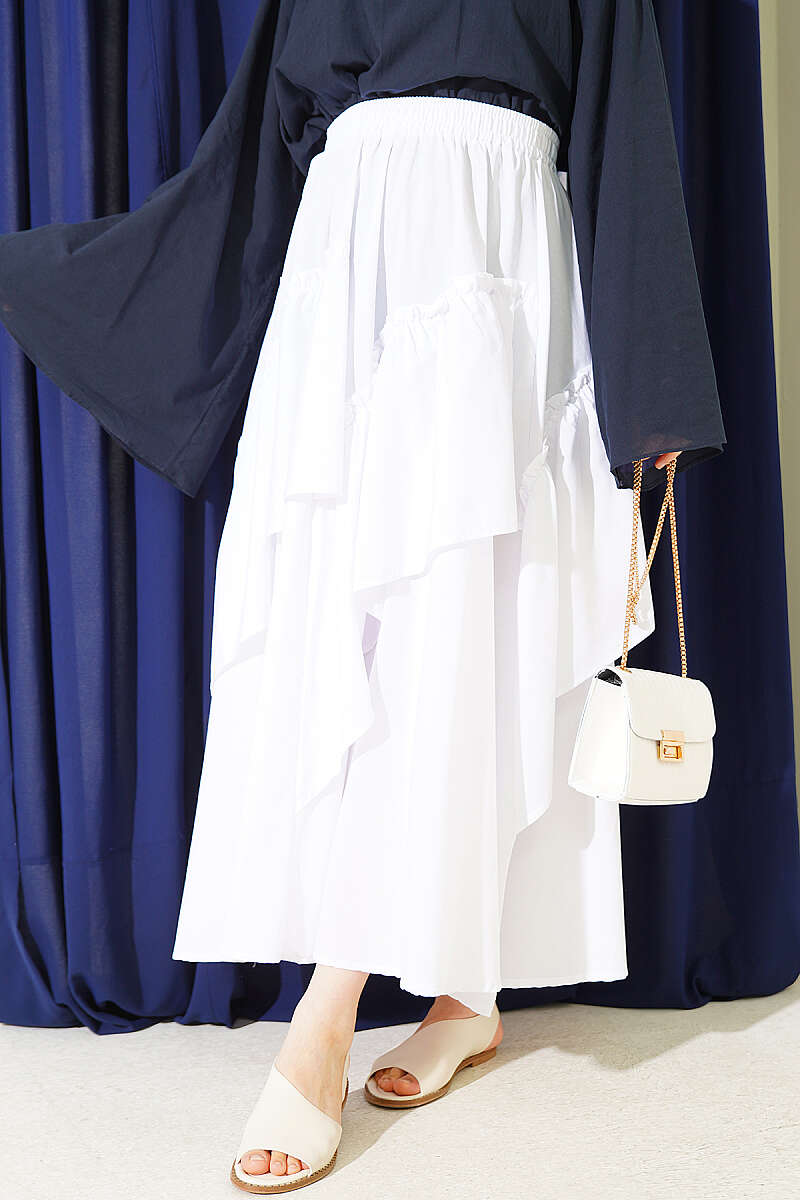 Gathered Skirt with Elastic Waist - White
