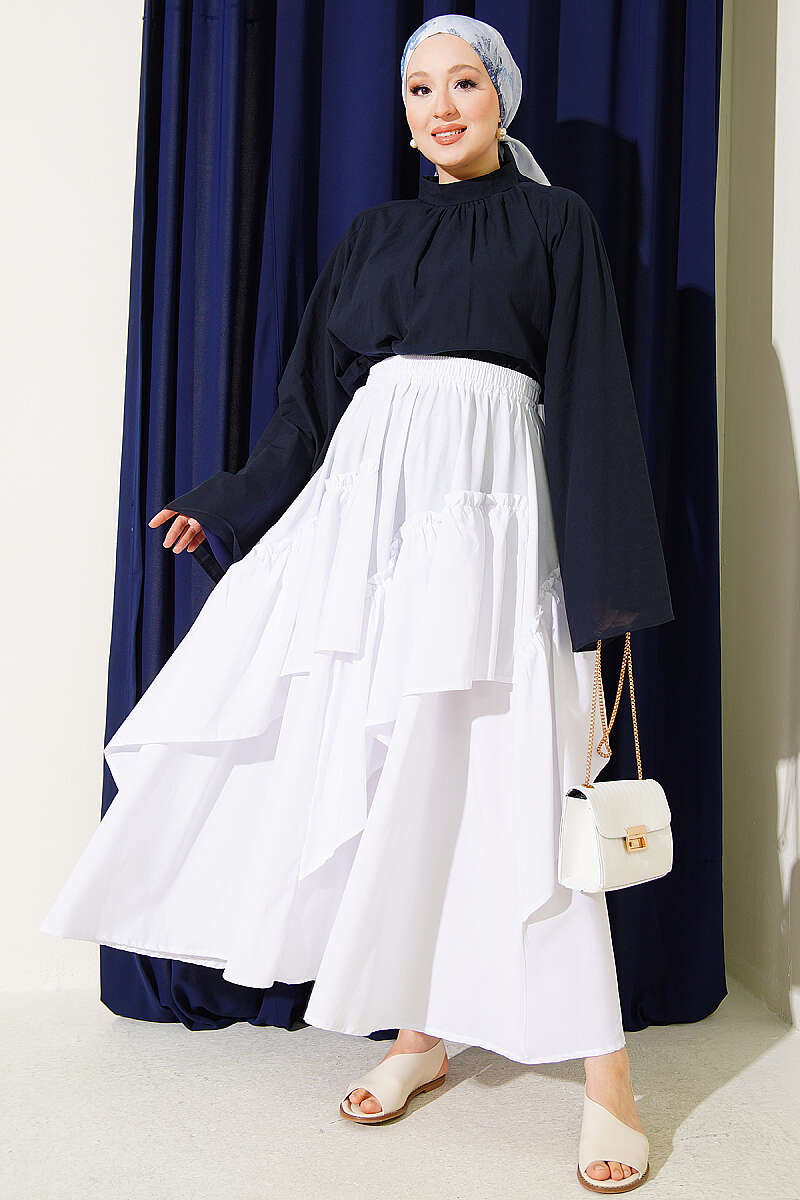 Gathered Skirt with Elastic Waist - White