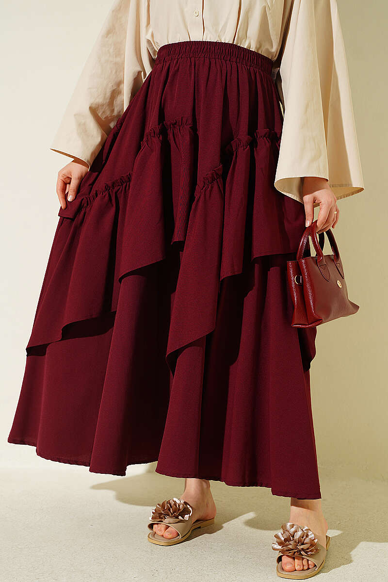 Gathered Skirt with Elastic Waist - Burgundy