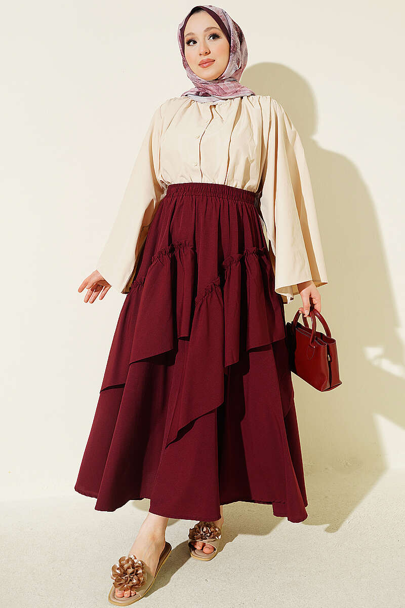 Gathered Skirt with Elastic Waist - Burgundy