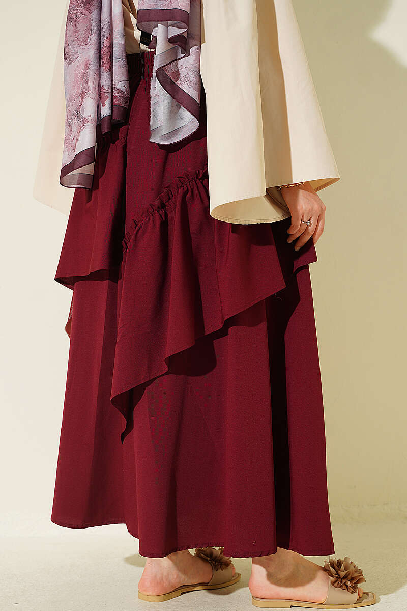 Gathered Skirt with Elastic Waist - Burgundy