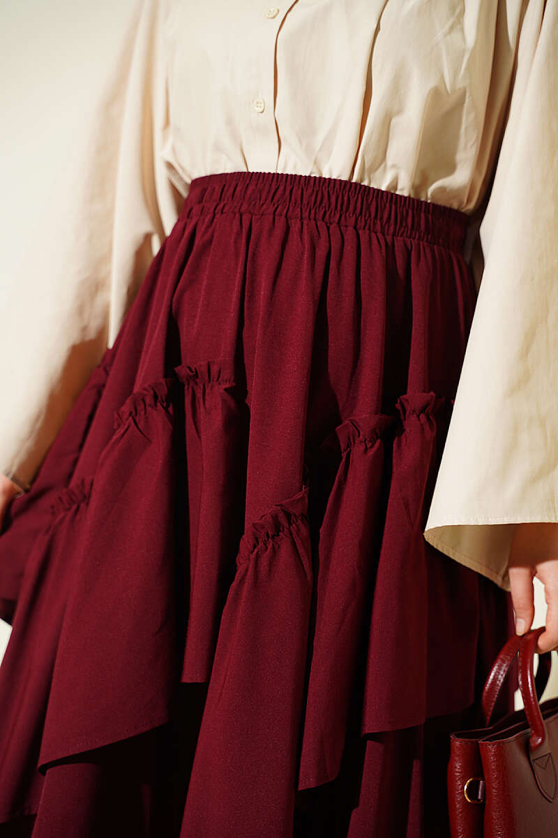 Gathered Skirt with Elastic Waist - Burgundy