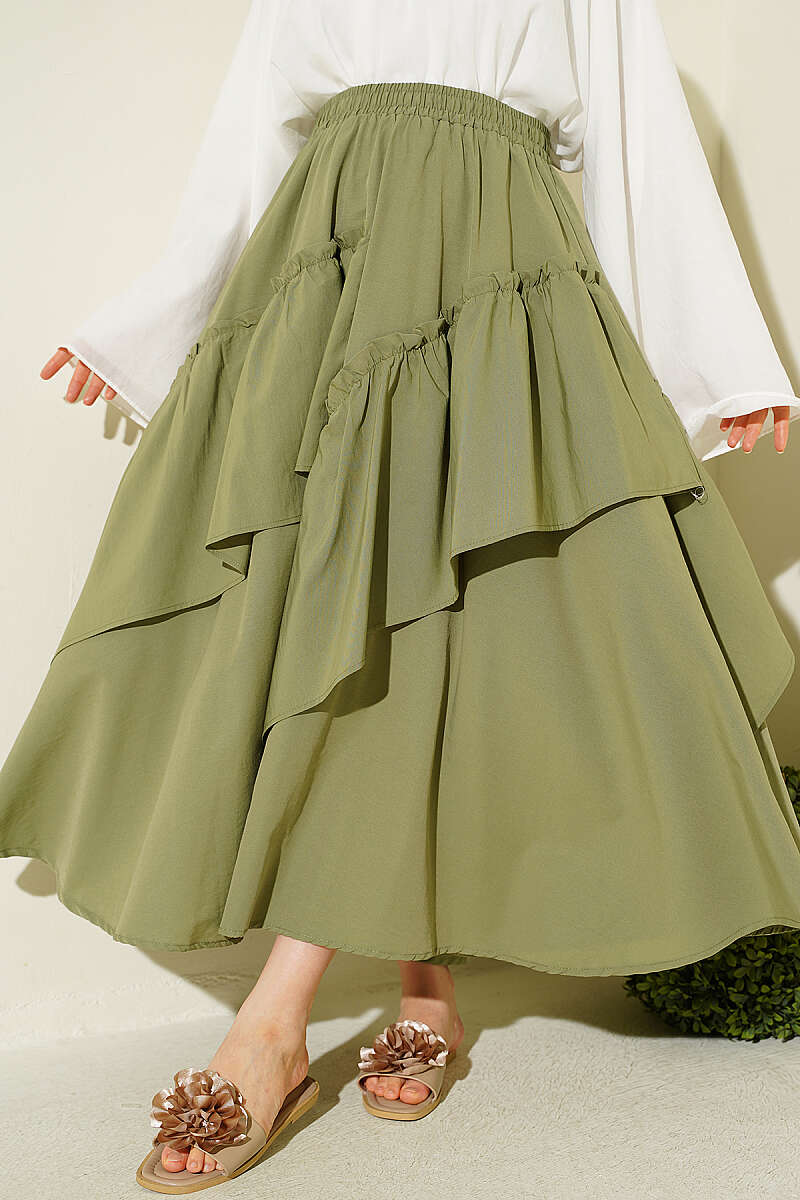 Gathered Skirt with Elastic Waist - Almond Green
