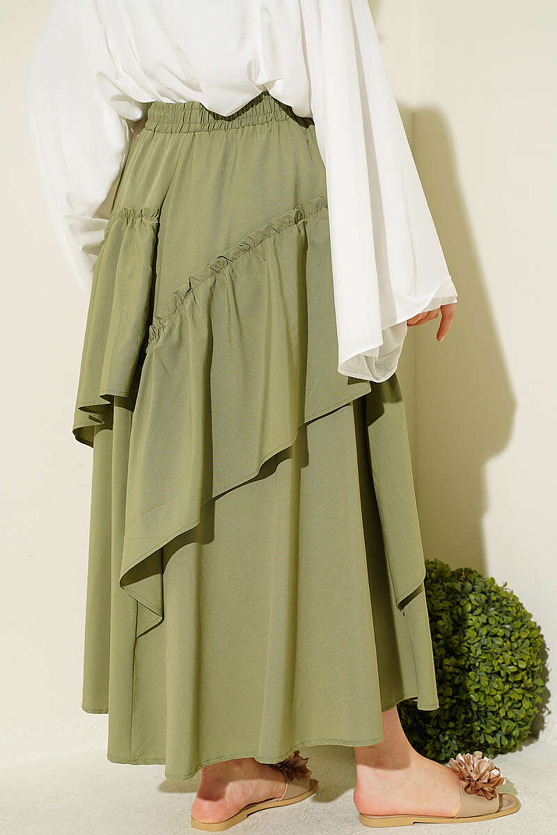 Gathered Skirt with Elastic Waist - Almond Green