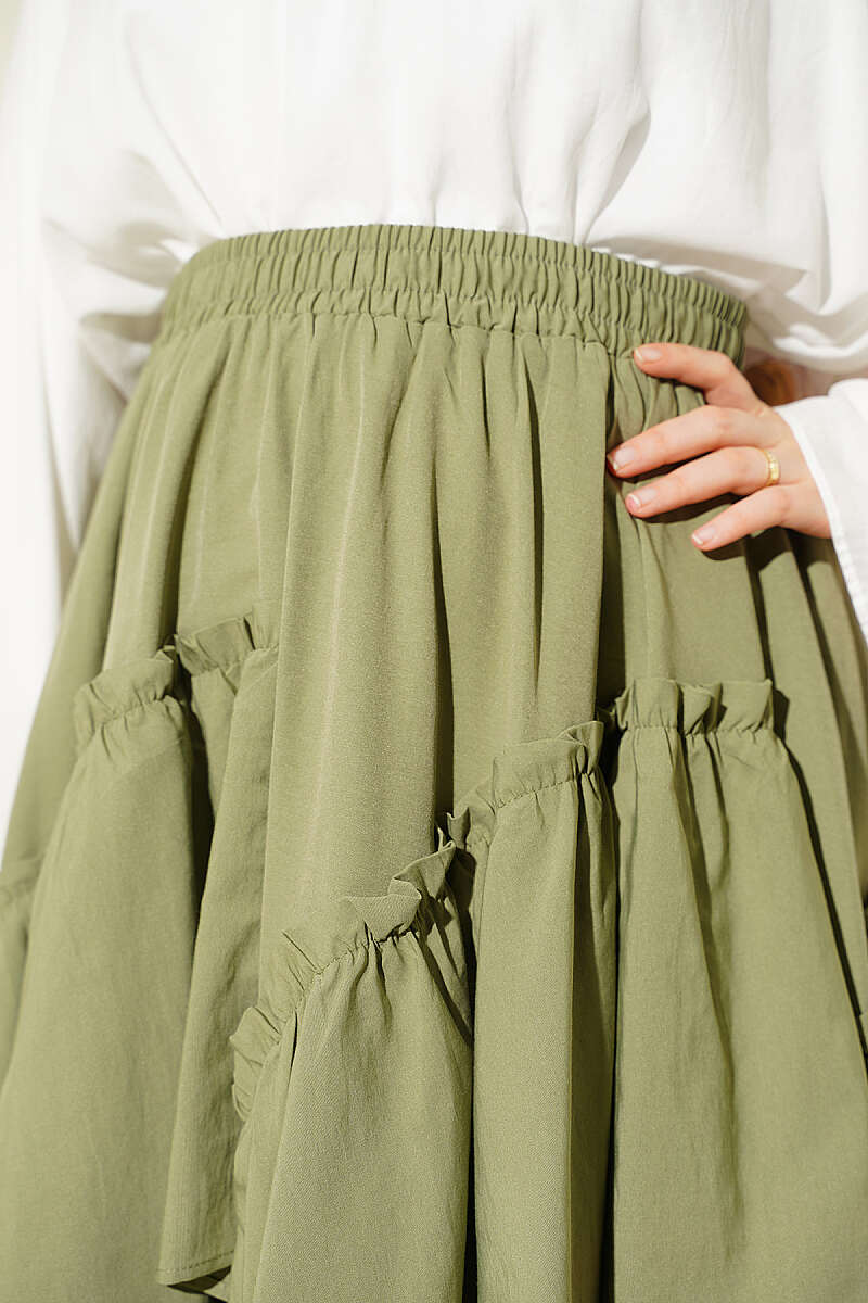 Gathered Skirt with Elastic Waist - Almond Green