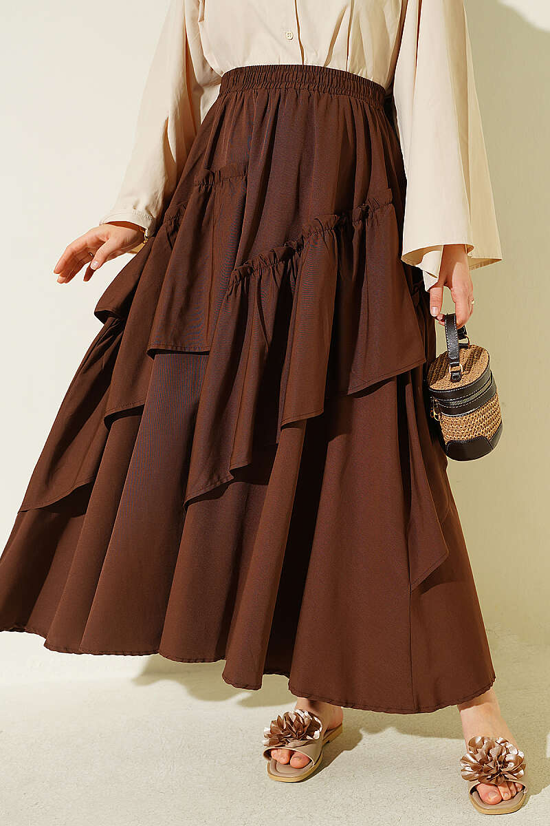 Gathered Skirt with Elastic Waist - Brown