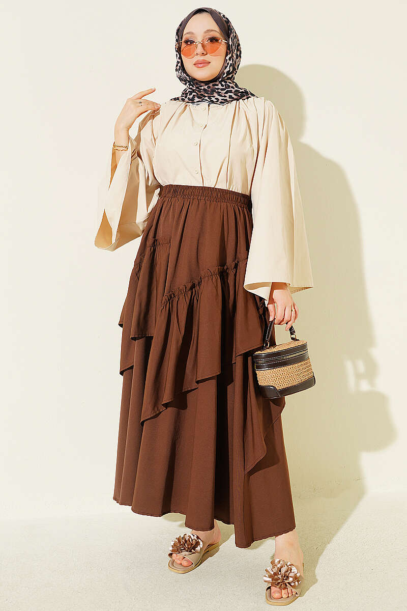 Gathered Skirt with Elastic Waist - Brown