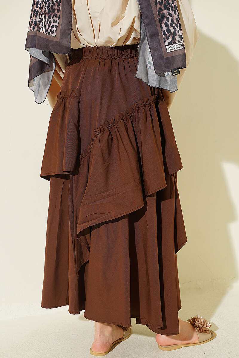 Gathered Skirt with Elastic Waist - Brown