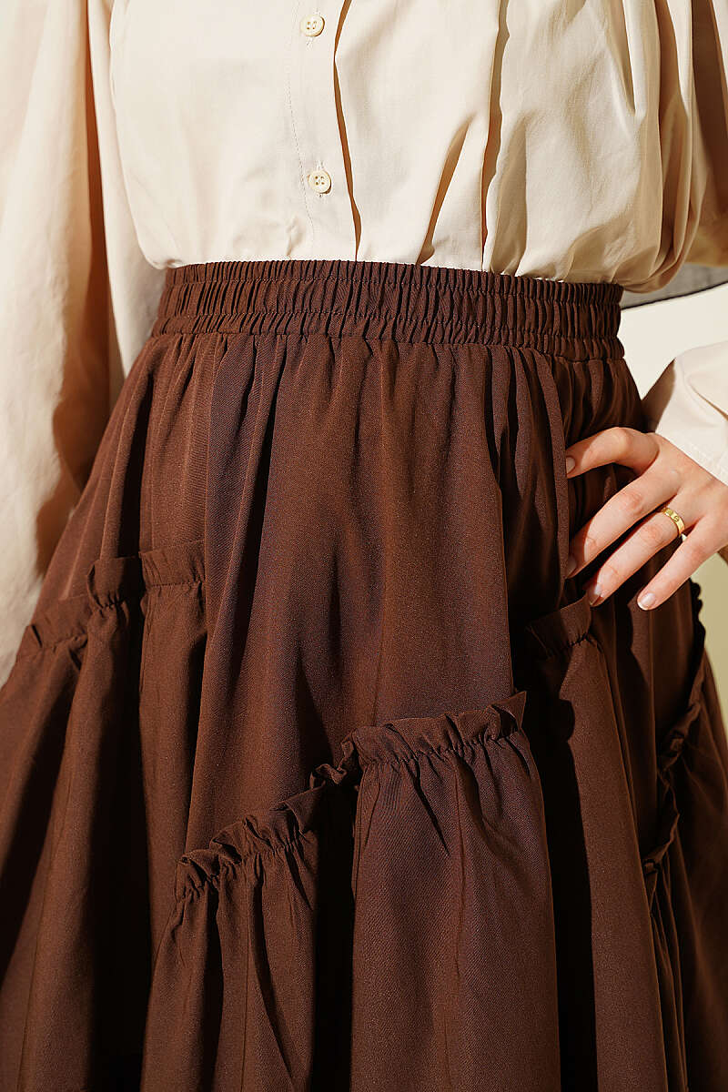 Gathered Skirt with Elastic Waist - Brown
