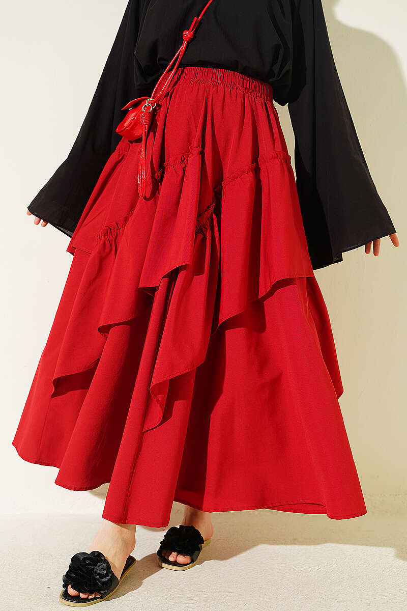 Gathered Skirt with Elastic Waist - Red