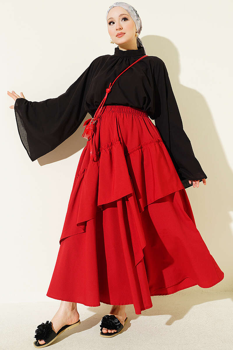 Gathered Skirt with Elastic Waist - Red