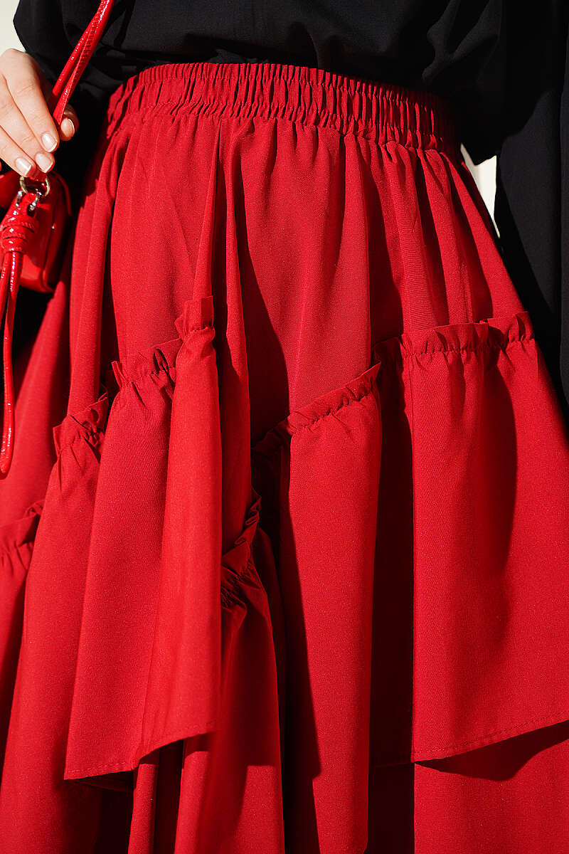 Gathered Skirt with Elastic Waist - Red