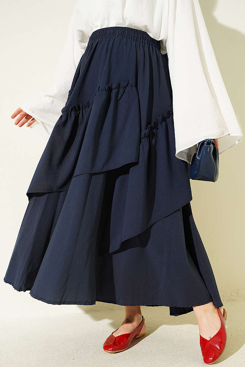 Gathered Skirt with Elastic Waist - Navy