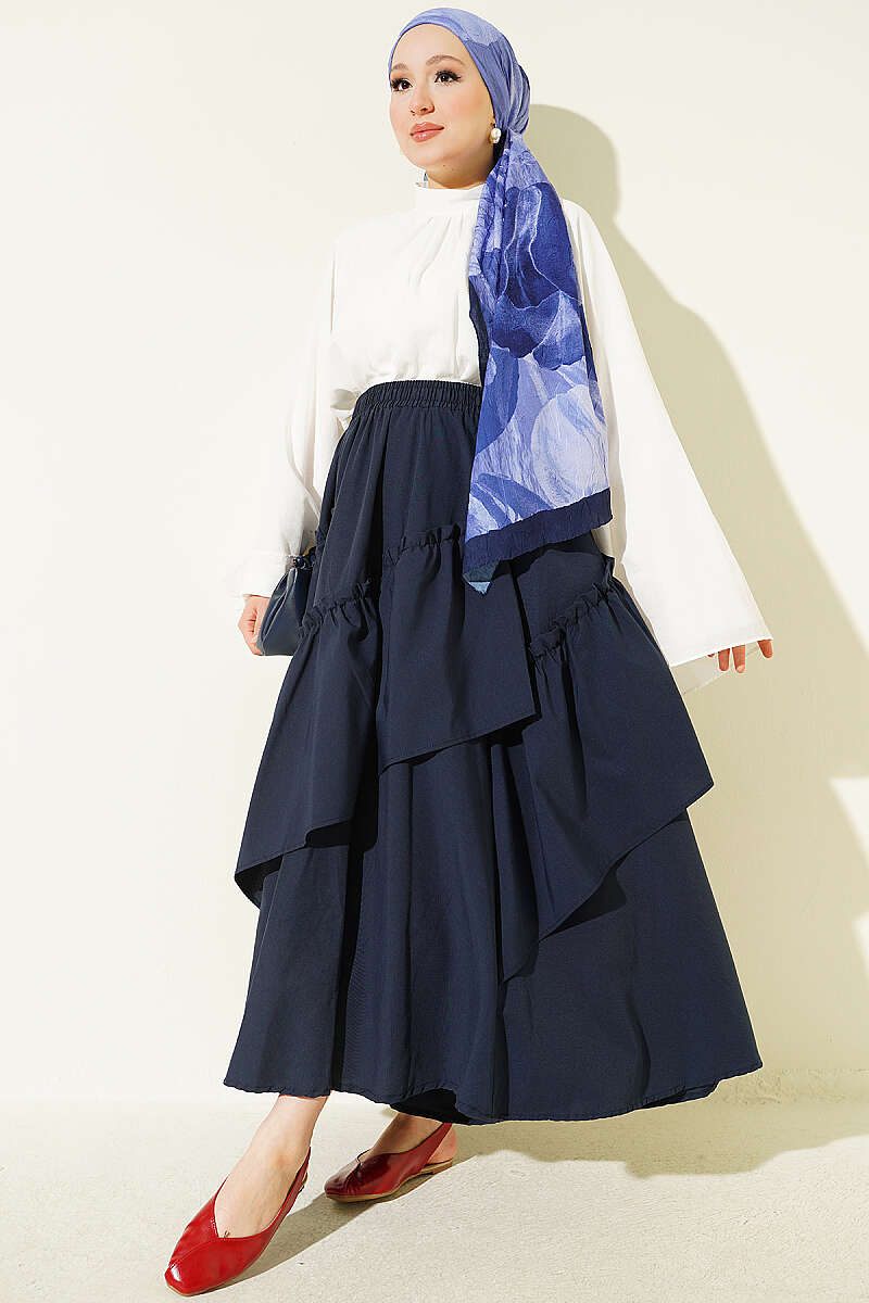 Gathered Skirt with Elastic Waist - Navy