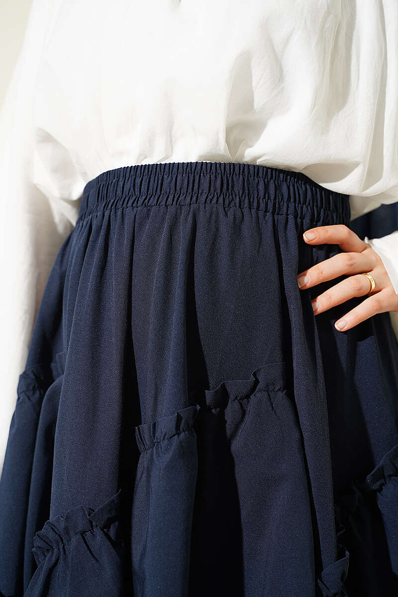 Gathered Skirt with Elastic Waist - Navy
