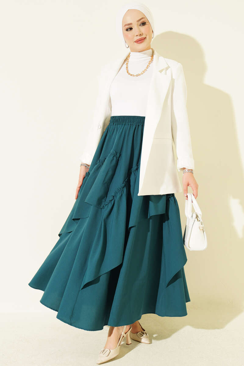 Gathered Skirt with Elastic Waist - Teal
