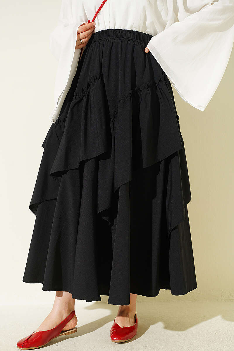Gathered Skirt with Elastic Waist - Black
