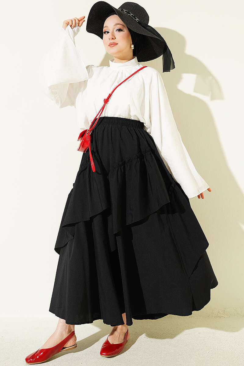 Gathered Skirt with Elastic Waist - Black